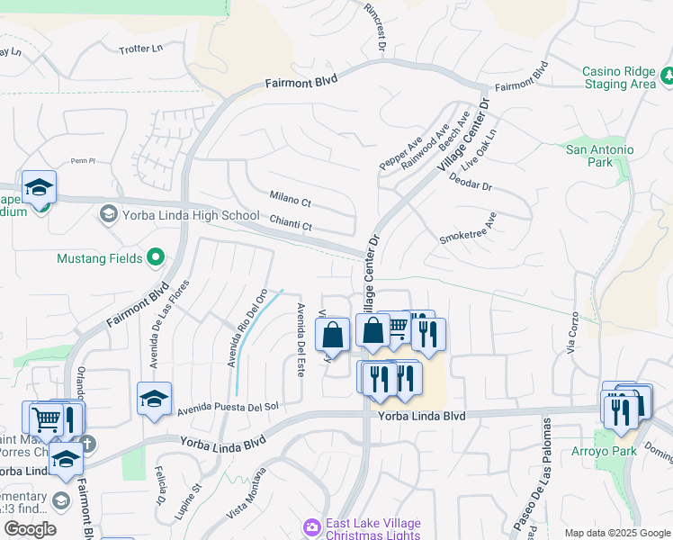 map of restaurants, bars, coffee shops, grocery stores, and more near 4350 Vía Del Obispo in Yorba Linda