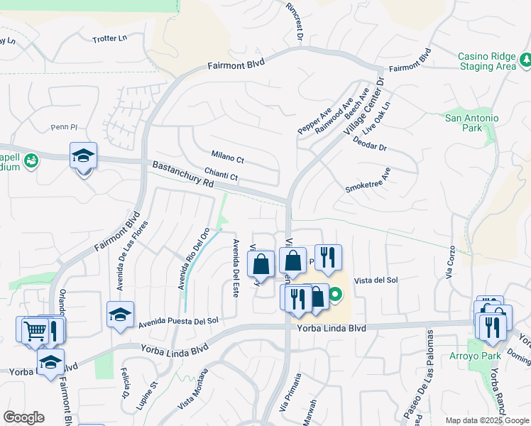 map of restaurants, bars, coffee shops, grocery stores, and more near 4350 Vía Del Obispo in Yorba Linda