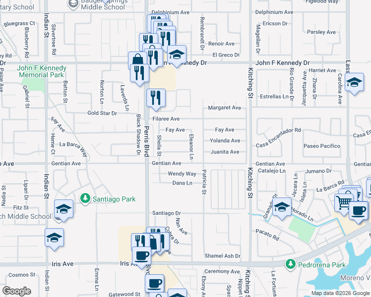 map of restaurants, bars, coffee shops, grocery stores, and more near 25188 Juanita Avenue in Moreno Valley