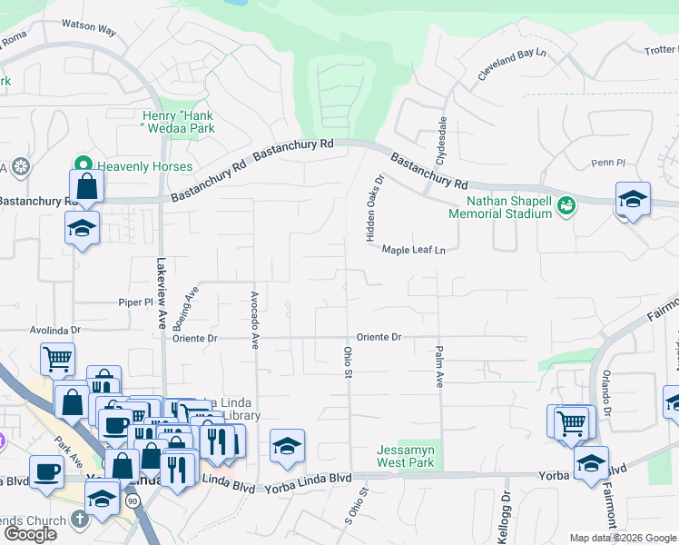 map of restaurants, bars, coffee shops, grocery stores, and more near 4335 Hidden Oaks Drive in Yorba Linda