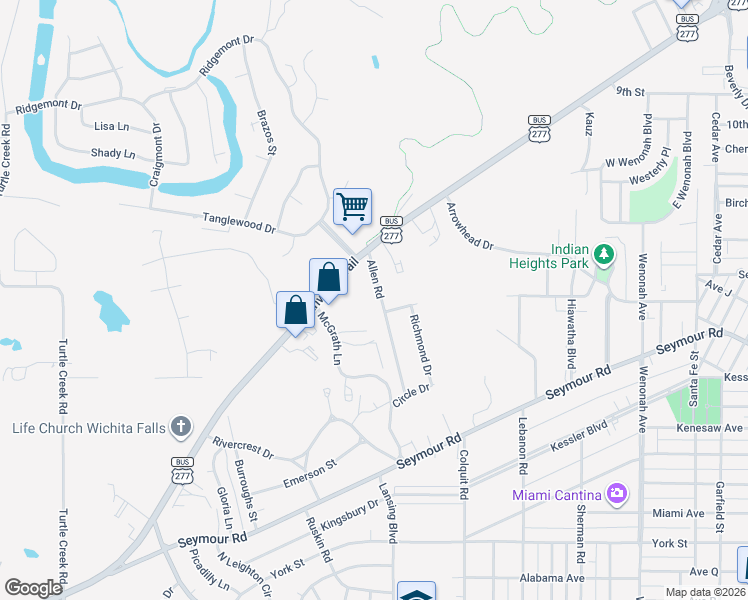 map of restaurants, bars, coffee shops, grocery stores, and more near 2009 Allen Road in Wichita Falls