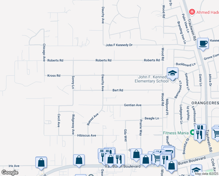 map of restaurants, bars, coffee shops, grocery stores, and more near 18560 Bert Road in Riverside