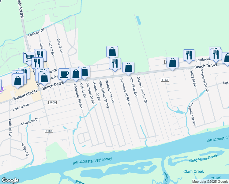 map of restaurants, bars, coffee shops, grocery stores, and more near 1741 Waterloo St SW in Ocean Isle Beach