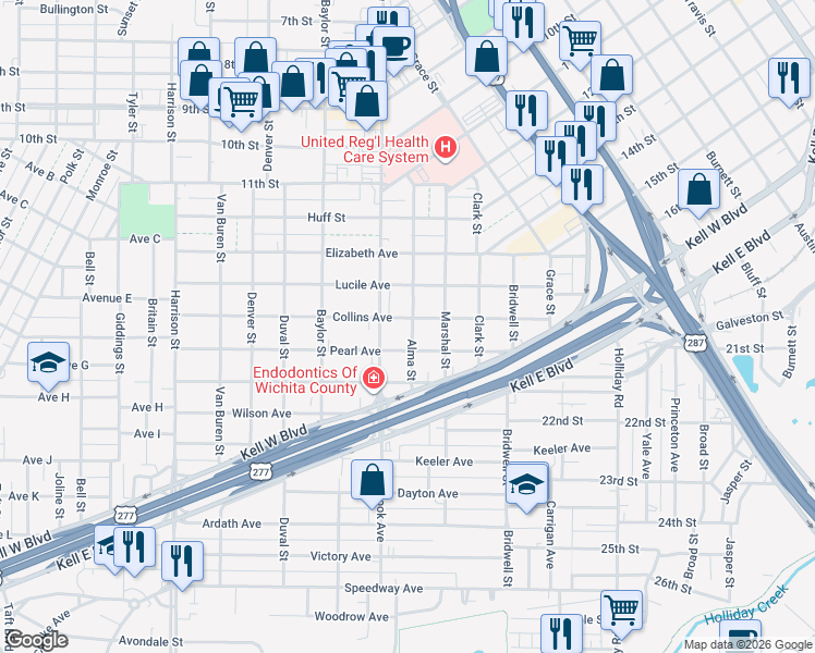 map of restaurants, bars, coffee shops, grocery stores, and more near 1653 Lucile Avenue in Wichita Falls