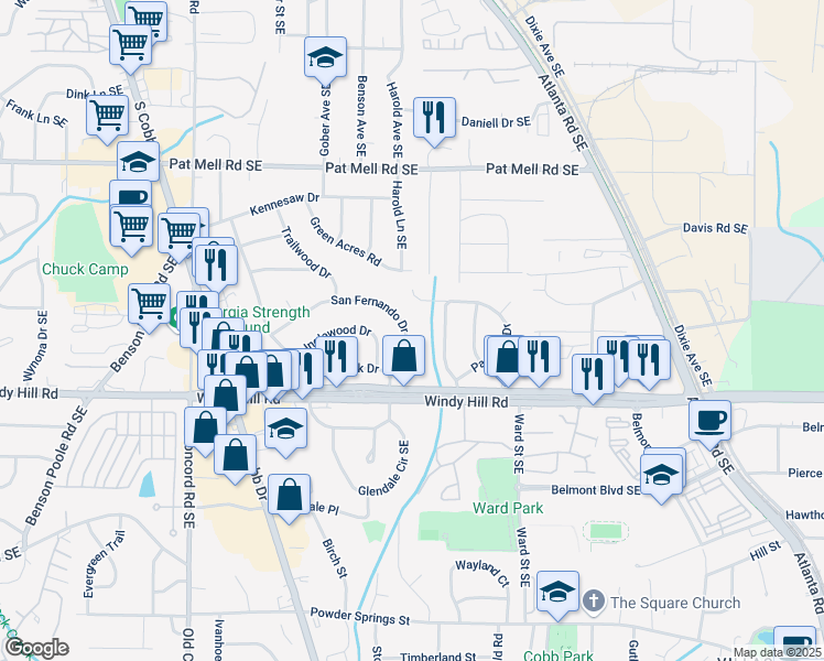 map of restaurants, bars, coffee shops, grocery stores, and more near 733 San Fernando Drive in Smyrna