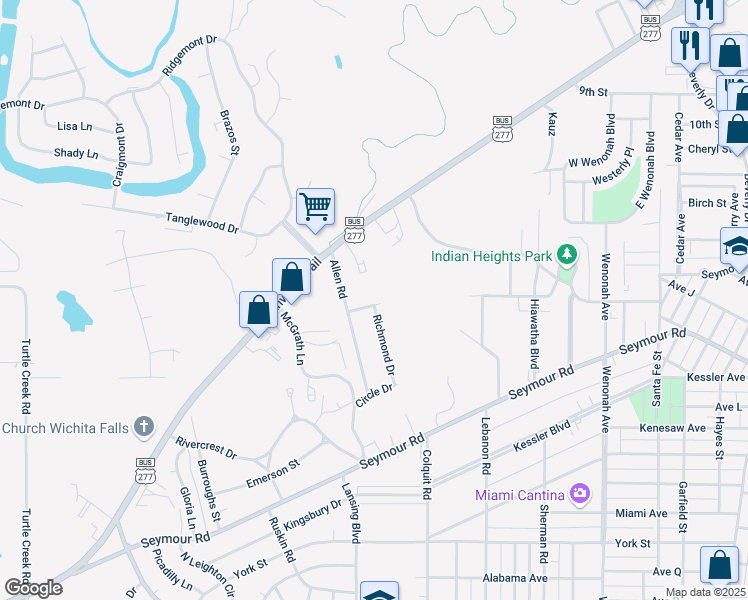 map of restaurants, bars, coffee shops, grocery stores, and more near 3908 Onaway Trail in Wichita Falls