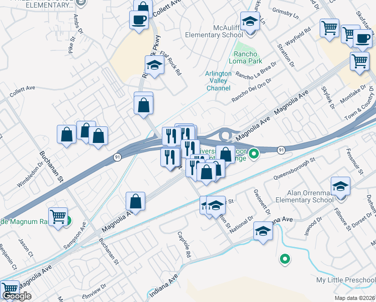 map of restaurants, bars, coffee shops, grocery stores, and more near 3847 Pierce Street in Riverside