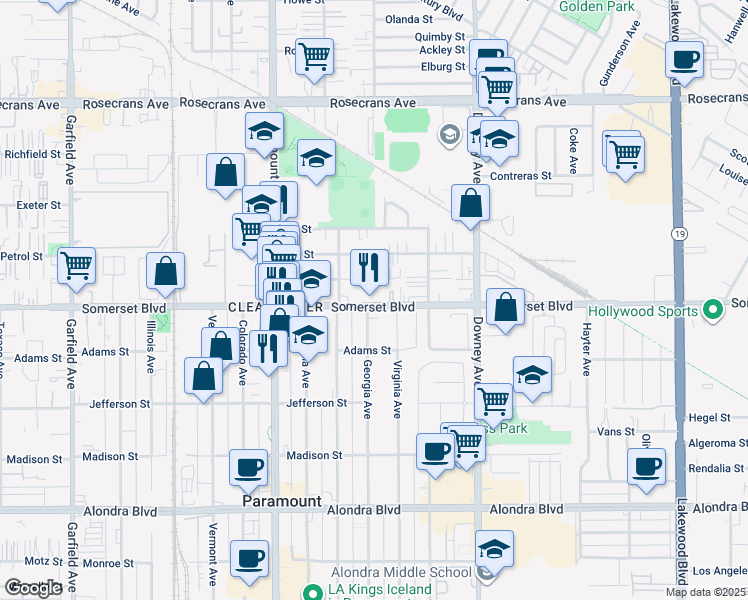 map of restaurants, bars, coffee shops, grocery stores, and more near 8128 1st Street in Paramount