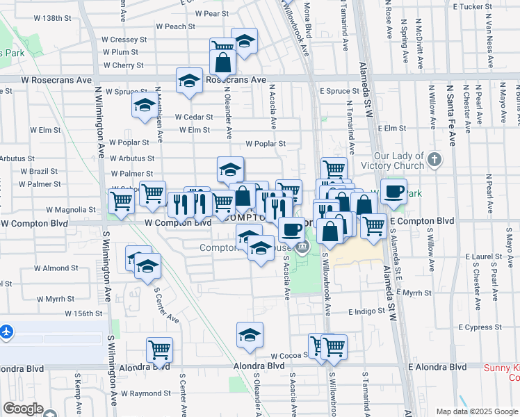 map of restaurants, bars, coffee shops, grocery stores, and more near in Compton