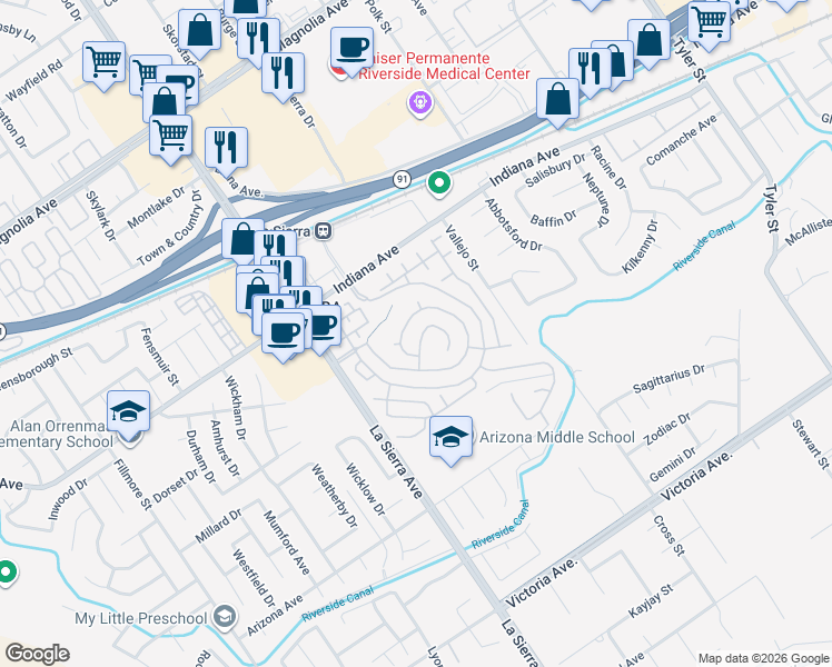 map of restaurants, bars, coffee shops, grocery stores, and more near 10915 Playa Del Sol in Riverside