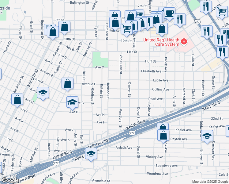 map of restaurants, bars, coffee shops, grocery stores, and more near 2009 Collins Avenue in Wichita Falls
