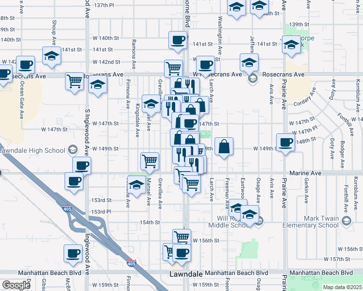 map of restaurants, bars, coffee shops, grocery stores, and more near 14809 Hawthorne Boulevard in Lawndale