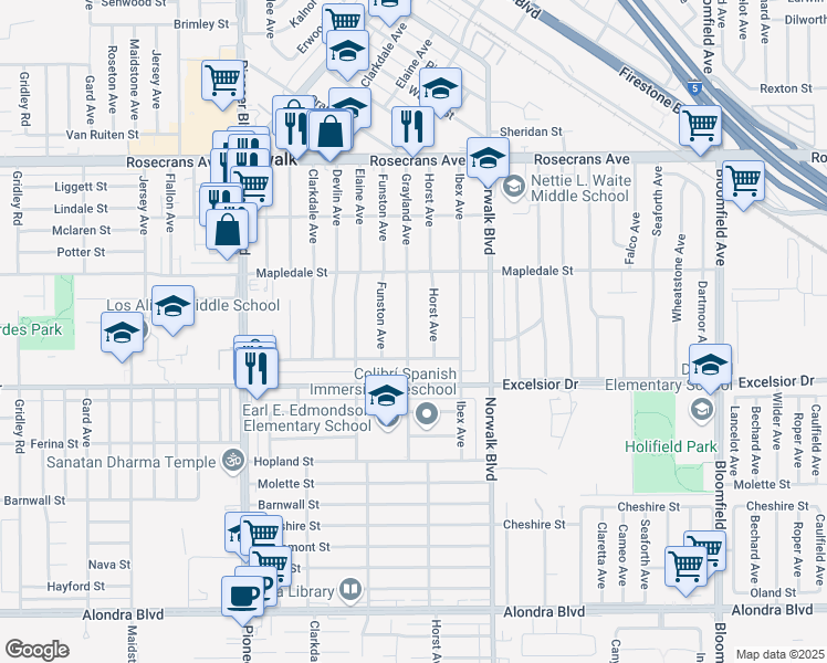 map of restaurants, bars, coffee shops, grocery stores, and more near 14806 Grayland Avenue in Norwalk