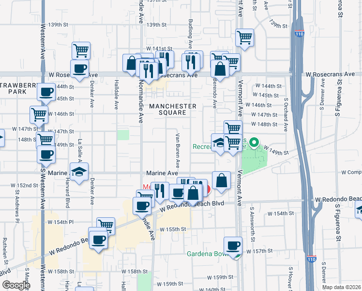 map of restaurants, bars, coffee shops, grocery stores, and more near 14832 Van Buren Avenue in Gardena
