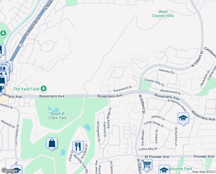 map of restaurants, bars, coffee shops, grocery stores, and more near 2131 Sunny Ridge Place in Fullerton
