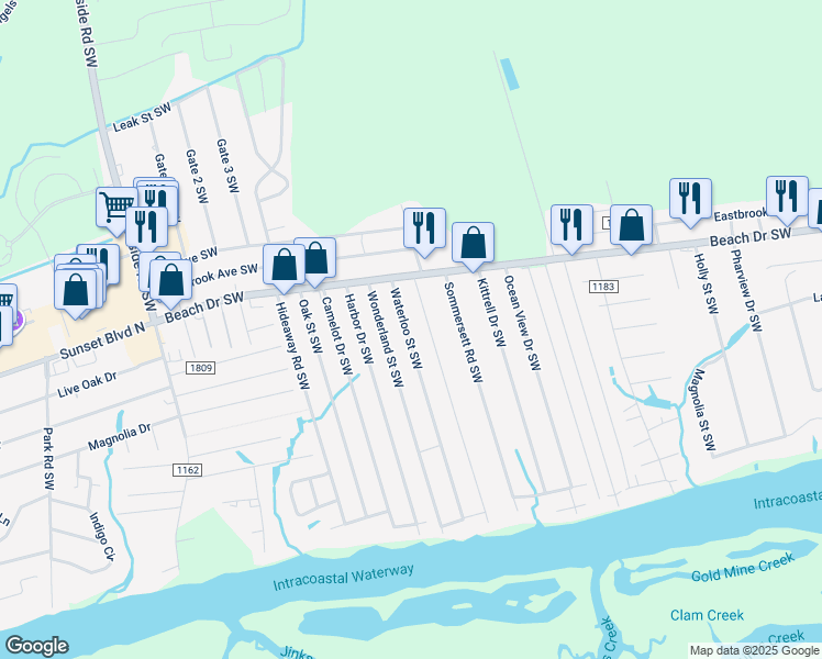 map of restaurants, bars, coffee shops, grocery stores, and more near 1981 Waterloo Street Southwest in Ocean Isle Beach