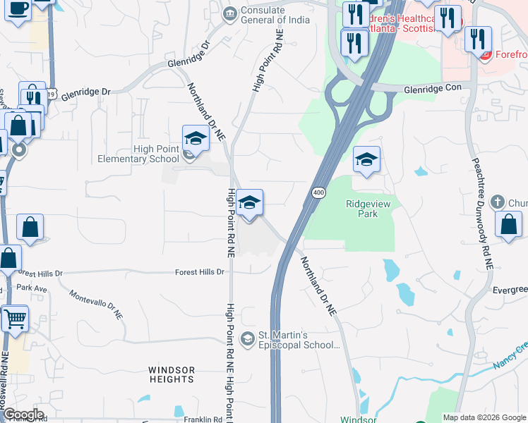 map of restaurants, bars, coffee shops, grocery stores, and more near 140 Inland Dr NE in Sandy Springs