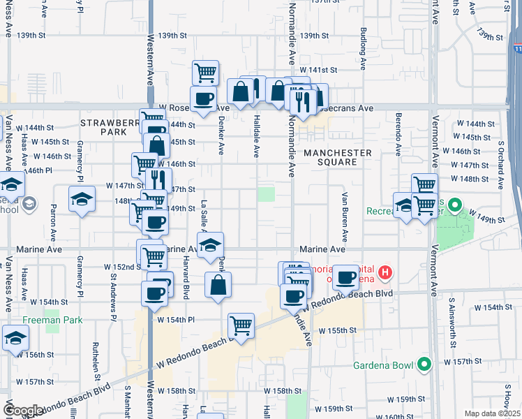 map of restaurants, bars, coffee shops, grocery stores, and more near 14836 Halldale Avenue in Gardena