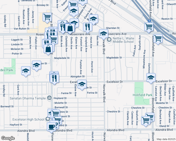 map of restaurants, bars, coffee shops, grocery stores, and more near 14806 Grayland Avenue in Norwalk