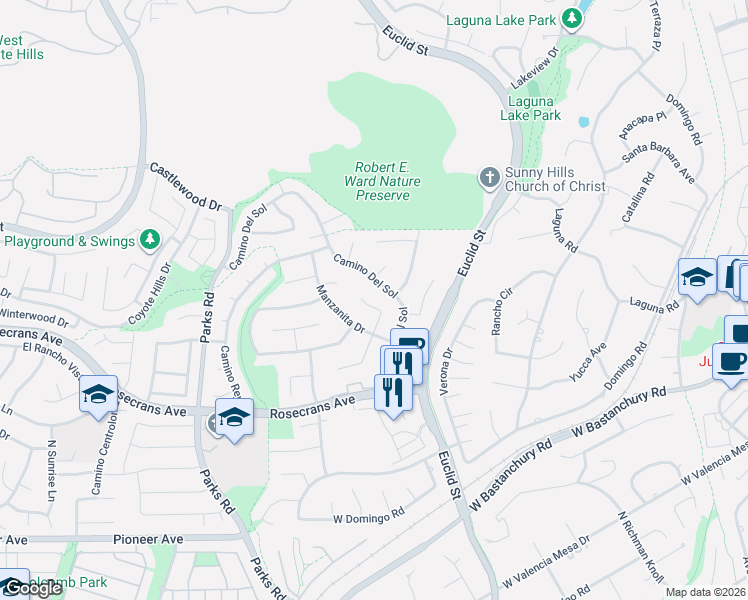 map of restaurants, bars, coffee shops, grocery stores, and more near 2324 Camino Del Sol in Fullerton