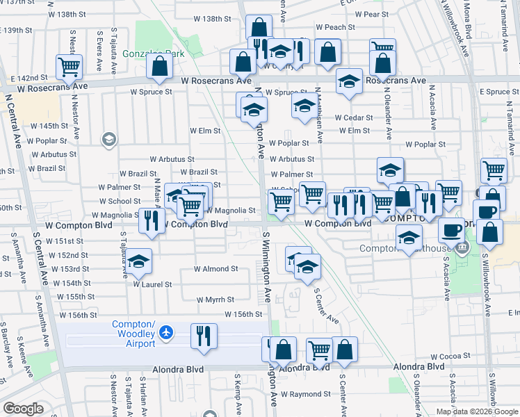 map of restaurants, bars, coffee shops, grocery stores, and more near 121 North Wilmington Avenue in Compton