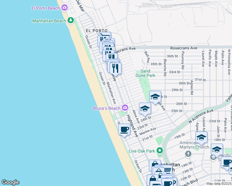 map of restaurants, bars, coffee shops, grocery stores, and more near 221 30th Street in Manhattan Beach