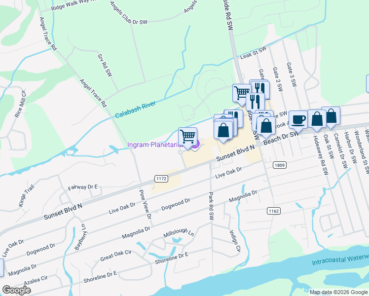 map of restaurants, bars, coffee shops, grocery stores, and more near 7630 High Market Street in Sunset Beach