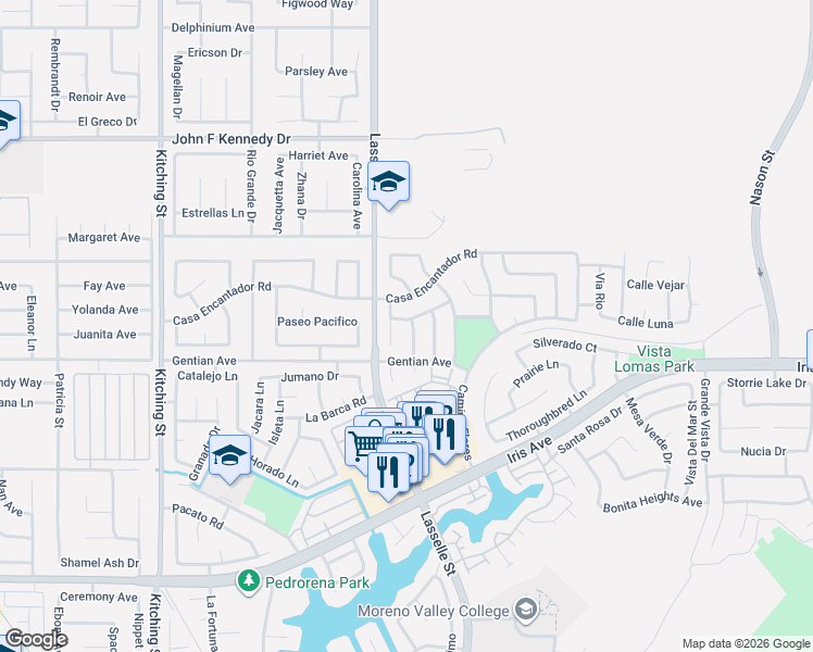 map of restaurants, bars, coffee shops, grocery stores, and more near 15425 Brasa Lane in Moreno Valley