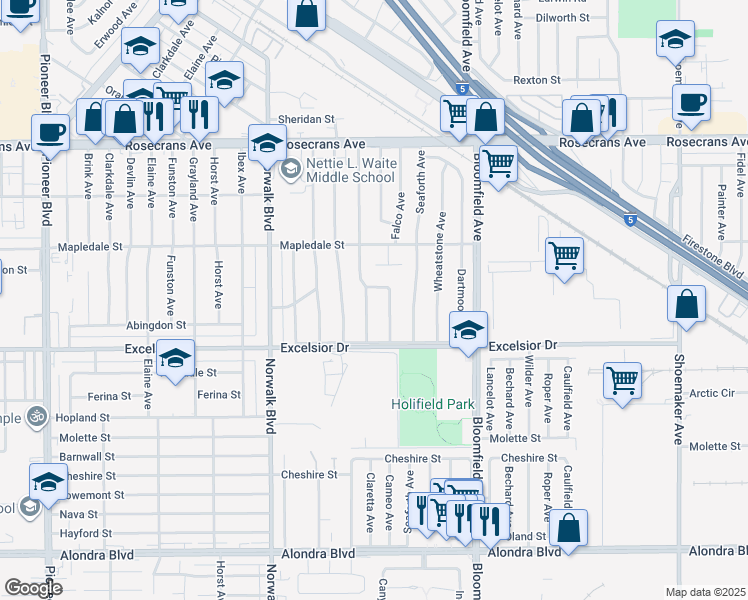 map of restaurants, bars, coffee shops, grocery stores, and more near 14712 Helwig Avenue in Norwalk
