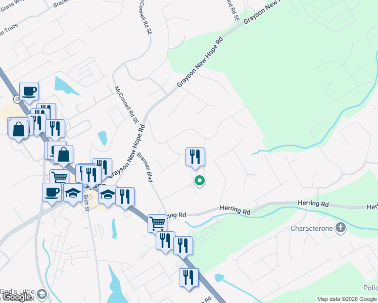 map of restaurants, bars, coffee shops, grocery stores, and more near 2162 Brook View Lane in Grayson