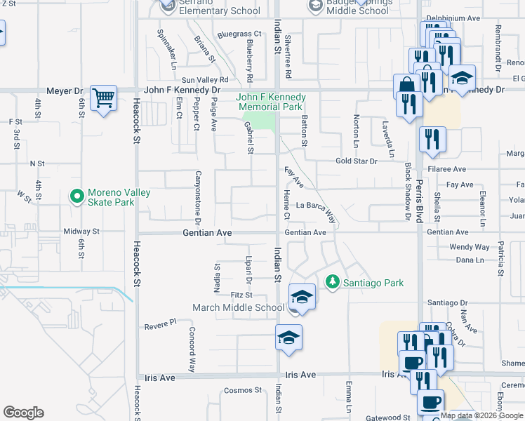 map of restaurants, bars, coffee shops, grocery stores, and more near 15429 Bandy Court in Moreno Valley