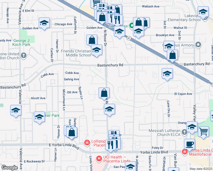 map of restaurants, bars, coffee shops, grocery stores, and more near Rose Drive in Yorba Linda