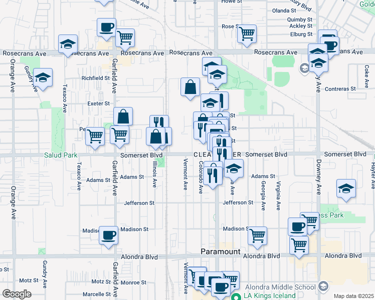 map of restaurants, bars, coffee shops, grocery stores, and more near 7803 Somerset Boulevard in Paramount