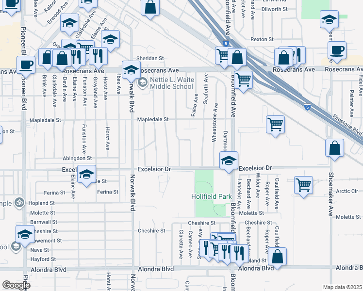 map of restaurants, bars, coffee shops, grocery stores, and more near 14712 Helwig Avenue in Norwalk