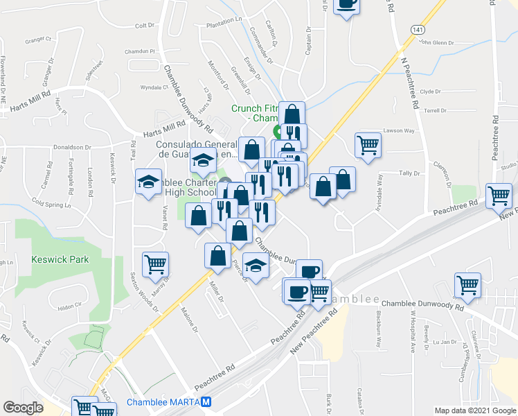 map of restaurants, bars, coffee shops, grocery stores, and more near 5410 Peachtree Industrial Blvd in Chamblee