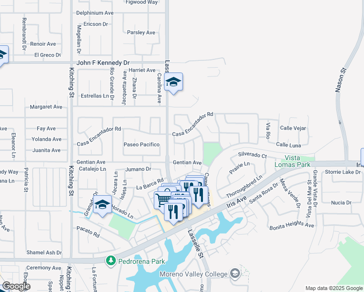 map of restaurants, bars, coffee shops, grocery stores, and more near 15405 Bello Way in Moreno Valley