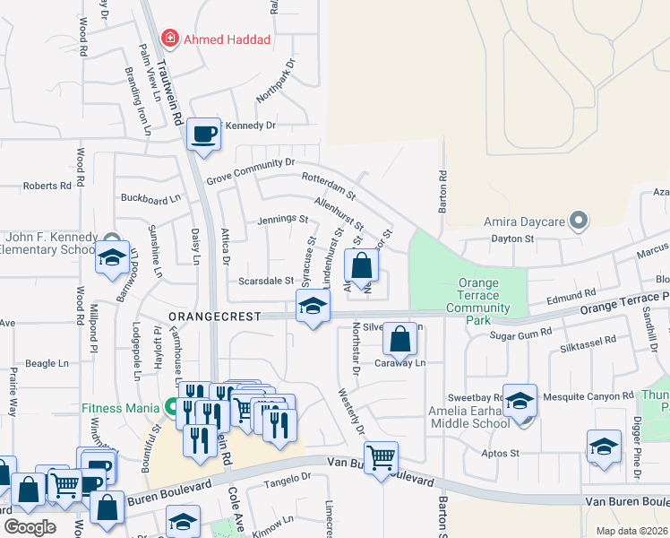 map of restaurants, bars, coffee shops, grocery stores, and more near 8463 Lindenhurst Street in Riverside