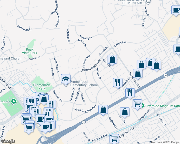 map of restaurants, bars, coffee shops, grocery stores, and more near 2871 New Castle Way in Corona