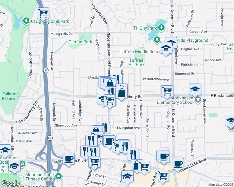 map of restaurants, bars, coffee shops, grocery stores, and more near 419 Nell Circle in Placentia