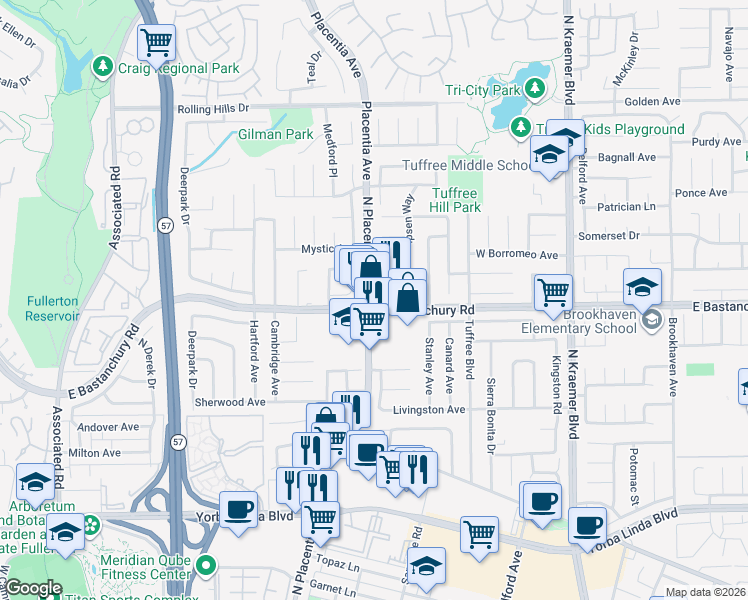 map of restaurants, bars, coffee shops, grocery stores, and more near 419 Nell Circle in Placentia