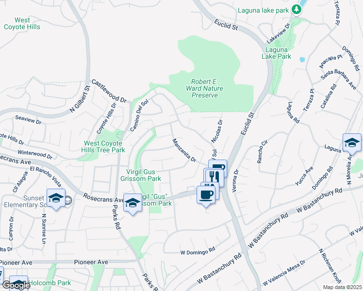 map of restaurants, bars, coffee shops, grocery stores, and more near 1310 Paseo Grande in Fullerton