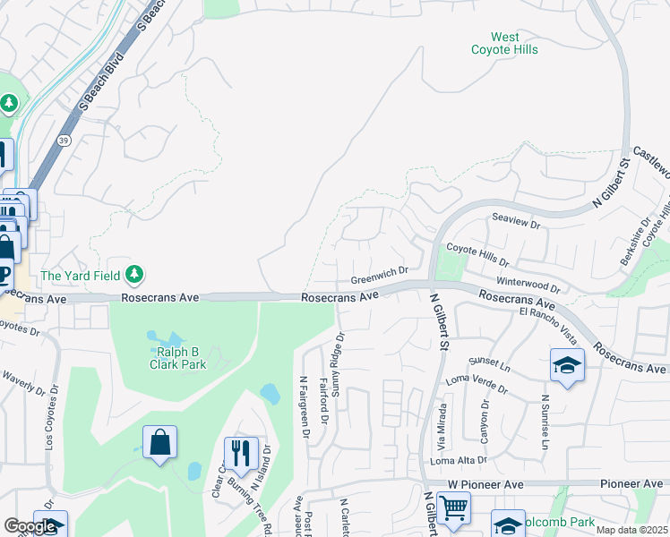 map of restaurants, bars, coffee shops, grocery stores, and more near 2131 Sunny Ridge Place in Fullerton