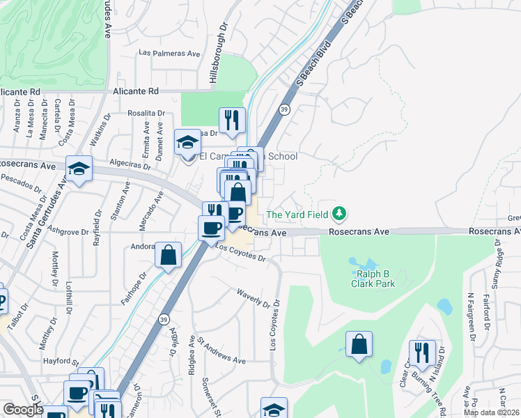 map of restaurants, bars, coffee shops, grocery stores, and more near 14754 Beach Boulevard in La Mirada