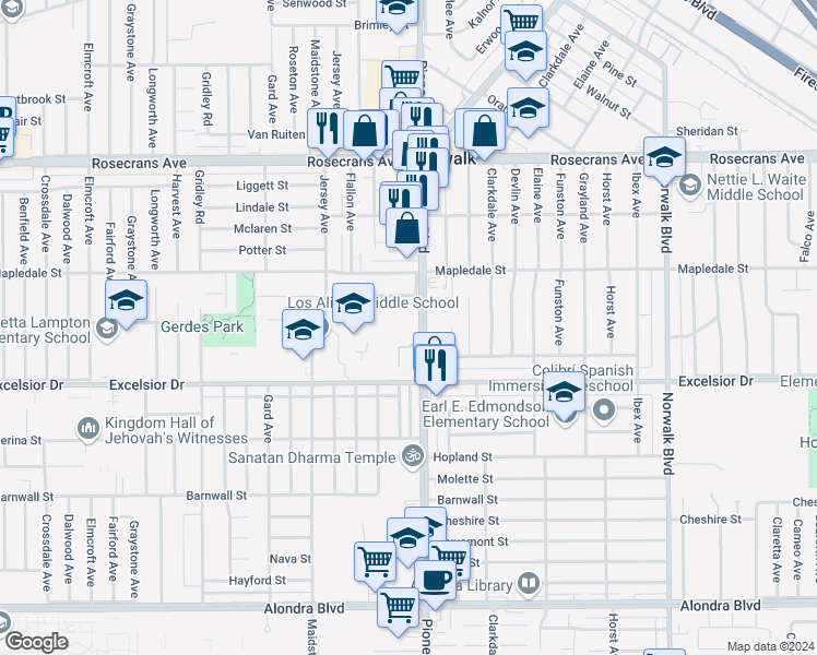 map of restaurants, bars, coffee shops, grocery stores, and more near 14717 Pioneer Boulevard in Norwalk