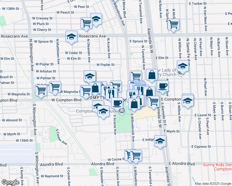 map of restaurants, bars, coffee shops, grocery stores, and more near 201 North Culver Avenue in Compton