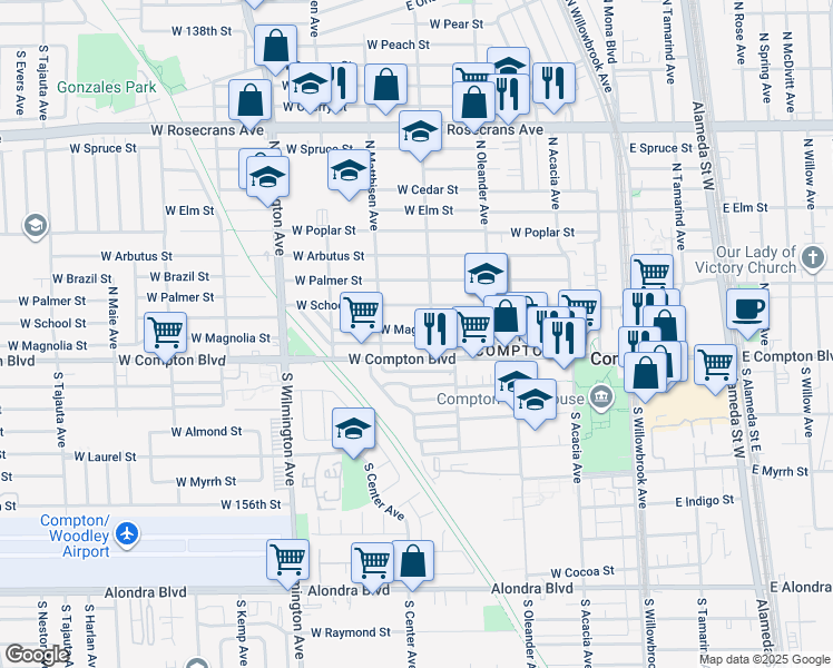 map of restaurants, bars, coffee shops, grocery stores, and more near 523 West Magnolia Street in Compton