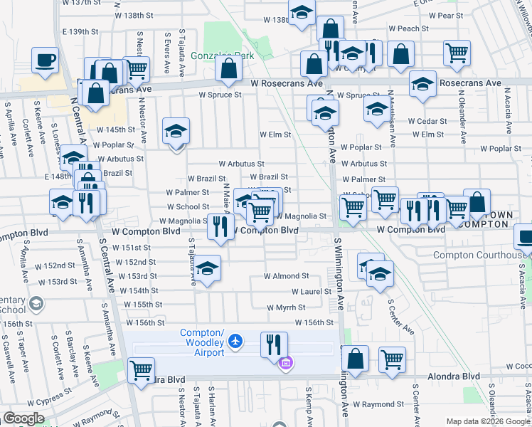 map of restaurants, bars, coffee shops, grocery stores, and more near 946 West School Street in Compton