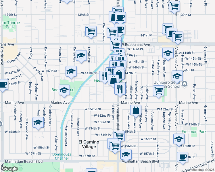 map of restaurants, bars, coffee shops, grocery stores, and more near 11848 Manor Dr in El Camino Village