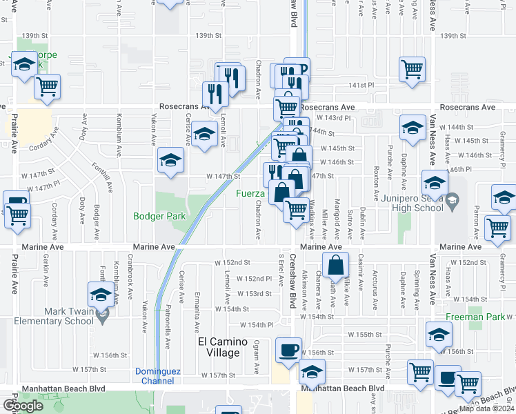 map of restaurants, bars, coffee shops, grocery stores, and more near 14817 Chadron Avenue in Gardena