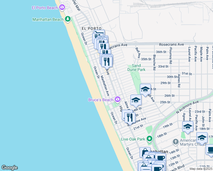 map of restaurants, bars, coffee shops, grocery stores, and more near 121 31st Street in Manhattan Beach